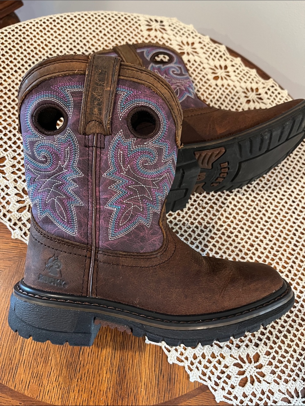 ROCKY Kids’ 8” Leather Western Cowgirl Boots size 12 Brown/Purple